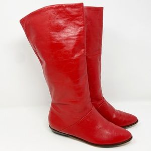 VINTAGE Red Leather Flat Mid Calf Boots